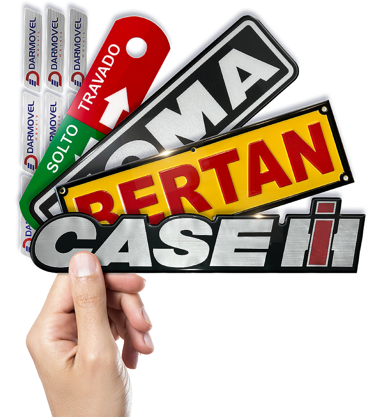 mão segurando leque de adesivos em vinil com recorte, alumínio repuxado, poliéster escovado